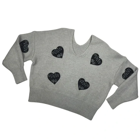 Chicwish Light Gray Embroidered Black Heartbeat Pullover Sweater Small Medium - Picture 2 of 9